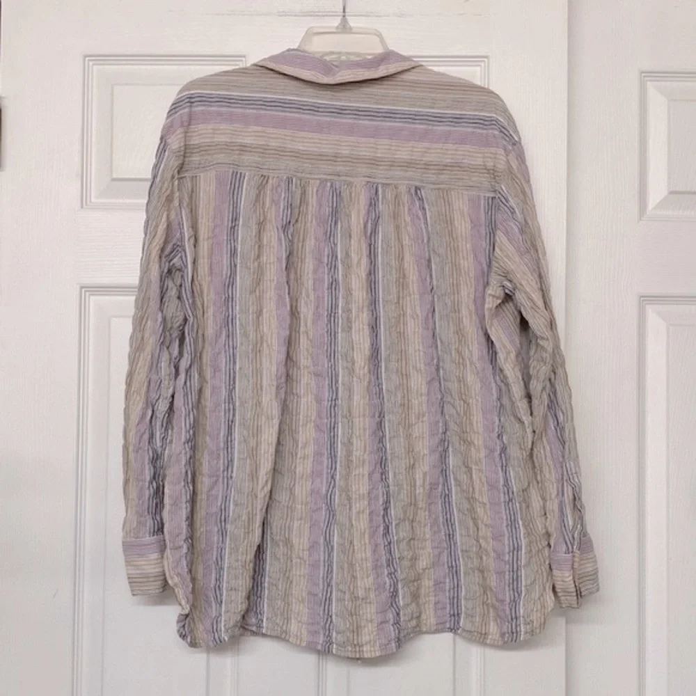 Free People High Tide Crinkle Gauzy Multi Color Striped Button Front Top Sz L